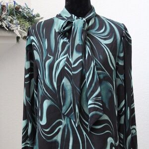 Worthington Tie-Neck Blouse Black/Green Long Sleeve Office Workwear Slightly Wor